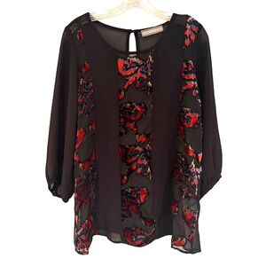 Addie Black Velvet Floral Burnout Sheer Boho Blouse‎ Women's Large Black Dainty